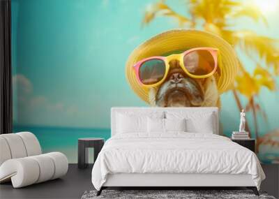 A humorous and beautiful image captures the essence of summer as a dog enjoys vacation vibes donning sunglasses with the blue ocean background Wall mural