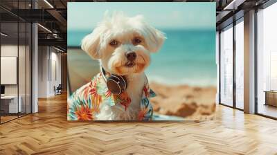 A relaxed dog on a sandy beach with headphones, symbolizing leisure, a summer trip, and the ultimate holiday relaxation with space on the sign for your message Wall mural