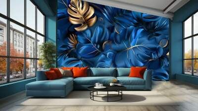 gold, blue geometric floral leaves 3d affect monstera wall textu Wall mural