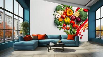 heart made with vegetables and fruits, white background. Healthy Wall mural