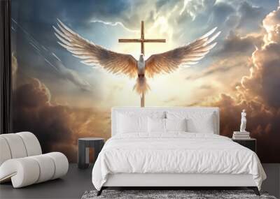 holy spirit and cross of jesus christ in the sky with clouds Wall mural