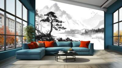 Japanese nature landscape traditional oriental ink painting styl Wall mural