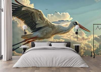 Stork in Flight. A magnificent Stork in mid-flight, its wings sp Wall mural