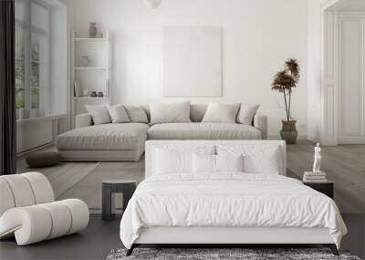 A beige carpet in the center of an open living room with white walls, sofa and wooden floor. Wall mural