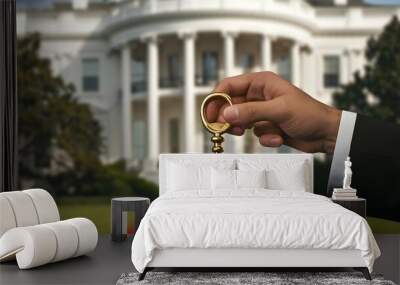 A hand holding a golden key in front of the white house The image symbolizes access, opportunity, and leadership Wall mural