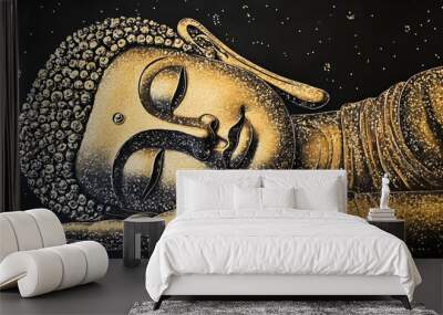 A sleeping Buddha in glittery gold, black background Wall mural