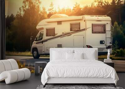 a white RV traveling on a sunlit road during a beautiful summer day Wall mural