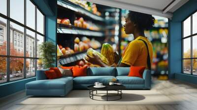 African American female employee working in grocery store Wall mural