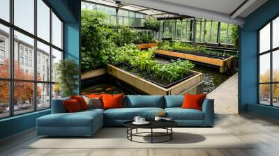 Aquaponic Farming System - An aquaponic system with fish tanks and plant beds in a greenhouse setting  Wall mural