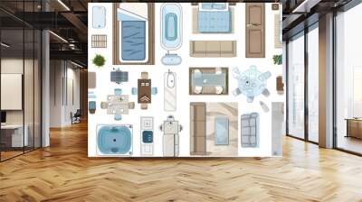 Architectural elements and furniture for the floor plan. Top view. Beds, sofas, kitchens, chairs, doors, windows, wardrobes, trainers, tables, baths, toilet bowls. View from above Wall mural