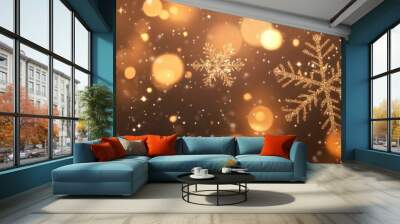 Christmas glittering glowing snowflakes particles and bokeh lights falling shiny background Wall mural