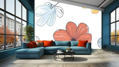 floral pattern with one line flowers. Vector hand drawn illustration Wall mural