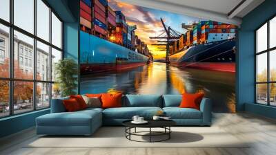 Germany, Hamburg, Container ships in Port of Hamburg at dusk Wall mural