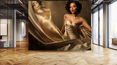 Glamorous woman in a silky dress, captured in soft lighting that enhances her graceful pose Wall mural