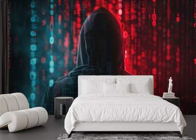 Hacker with a hoodie and a hidden face, set against an abstract data background. Threat of cybercriminals who breach digital security and the urgency of robust cybersecurity measures Wall mural