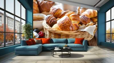 homemade pastries in basket or basket with coffee or tea Wall mural