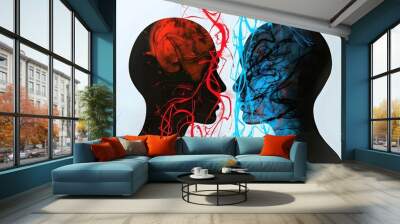 Metaphor bipolar disorder mind mental. Double face. Split personality. Concept mood disorder. 2 Head silhouette.Psychology. Mental health. Dual personality concept. Tangle and untangle Wall mural