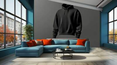 mockup 3d black plain hoodie with mannequin placed on podium, isolated neutral background Wall mural