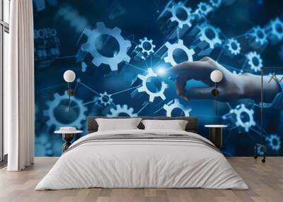 Operation management Business process control optimisation industrial technology and workflow concept. High performance, Problem solving, quality control. Hand touch gears icons Wall mural