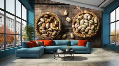 Pistachios with and without shell in bamboo bowl on rustic wooden surface Wall mural