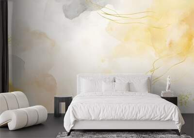 Soft watercolor background in pastel yellow and pale grey, overlaid with elegant gold line art and subtle paintbrush effects Wall mural