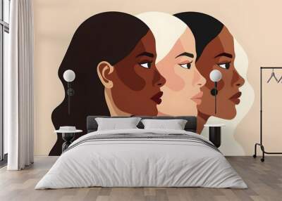 Three beautiful women with different skin colors stand together. Abstract minimal portrait of girls face to face. Concept of sisterhood and females friendship. Wall mural