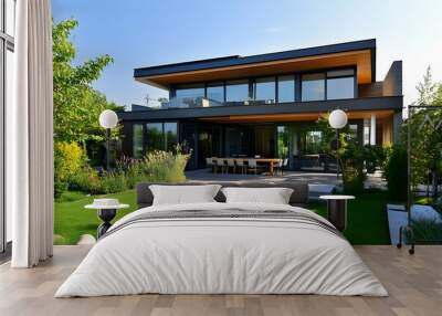 View of luxurious modern house exterior with dining space and garden Wall mural