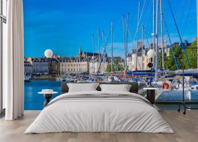 Vannes harbor, in the Morbihan, Brittany, boats in the marina, with typical houses and the cathedral in background  Wall mural