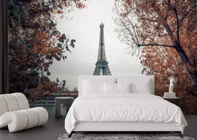 Eiffel tower at paris from the river seine in autumn season , paris , france , europe Wall mural