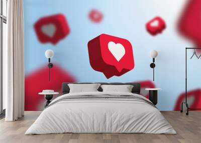 Red social media notification like icon falling . Follow, comment, like icon. - 3D Rendering  Wall mural