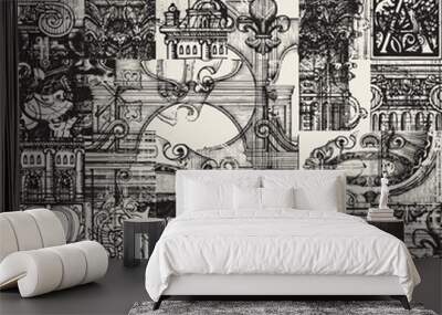 Abstract seamless pattern with a chaotic layering of hand-drawn vintage architectural elements. Monochrome vector background on the theme of ancient architecture and art in a creative modern design Wall mural