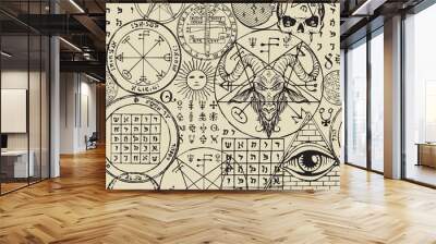 Abstract seamless pattern with hand-drawn goat head, all-seeing eye, human skulls, vitruvian man, masonic and esoteric symbols on an old paper backdrop. Monochrome vector background in retro style Wall mural