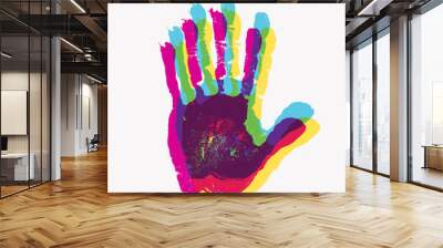 Colorful children or adult handprints overlapping overlaying. Colored prints of human hands. Creative idea for a team building presentation, report, family and artistic activity, advisory and poster Wall mural