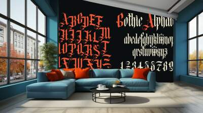 Gothic font. Full set of capital, small letters and numbers of the English alphabet in vintage style. Medieval Latin letters. Vector calligraphy and lettering. Suitable for tattoo, label, logo Wall mural