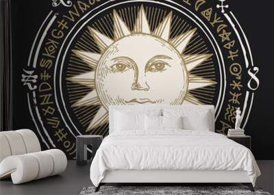 Hand-drawn illustration with the Sun and esoteric symbols on a black background in retro style. Vector banner, mascot or amulet in the form of a circle with magic signs and runes Wall mural