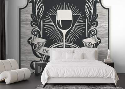 Hand-drawn wine label or banner with a glass of wine, a crown, a wooden barrel and ribbons in figured frame. Black and white ornate illustration on a wine theme in vintage style on a light background Wall mural