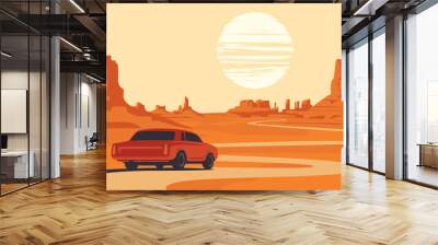 Hot summer landscape with deserted valley, mountains, winding road and single passing car. Western scenic illustration. Decorative vector background, Wild West prairie Wall mural