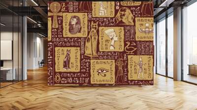 Seamless pattern on an Ancient Egypt theme with sketches and scribbles. The hieroglyphs are randomly selected and do not make sense. Vector abstract background. Wallpaper, wrapping paper, fabric Wall mural