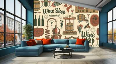 Seamless pattern on the theme of wine, wine shops and wine making with drawings and inscriptions in retro style on an old paper background. Suitable for Wallpaper, wrapping paper, textile, fabric Wall mural