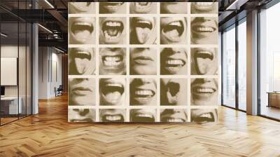 Seamless pattern with human mouths expressing various emotions-smiling, surprised, shocked, cheerful, angry, scared. Monochrome vector background in retro style. Wallpaper, wrapping paper, fabric Wall mural