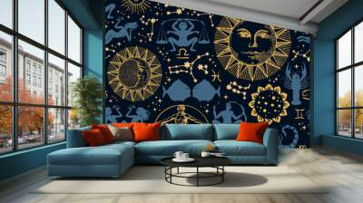 Seamless pattern with zodiac signs, horoscope symbols, sun, moon and human figure like Vitruvian man on a black backdrop with stars and constellations. Abstract vector background in cartoon style Wall mural