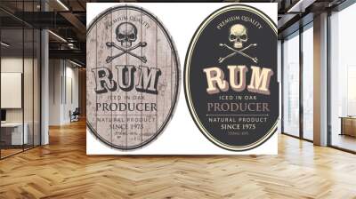 Set of two vector labels for Rum in oval frames with human skulls and crossbones on a wooden and black background in retro style. Wall mural