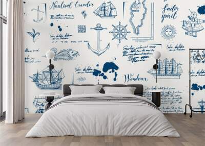 Vector abstract seamless background on the theme of travel, adventure and discovery. Old manuscript with caravels, wind rose, anchors and other nautical symbols with blots and stains in vintage style Wall mural