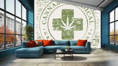 Vector banner for Medical cannabis with hemp leaf pattern and medical cross on abstract old papyrus background or grunge style manuscript. Natural product of green medicine made from organic hemp Wall mural