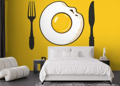 Vector banner on the theme of Breakfast time with fried egg, fork and knife on the yellow background with place for text in retro style Wall mural