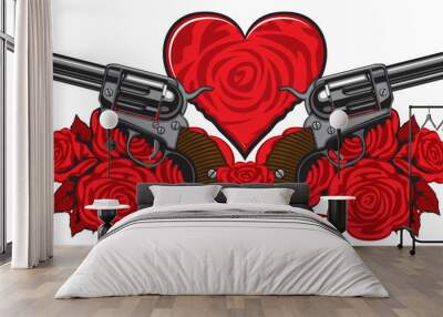 Vector banner on the theme of love and death. Template for clothes, textiles, t-shirt design. Illustration with two big old revolvers, heart, red roses and barbed wire on white background Wall mural