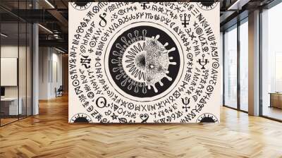 Vector banner with cell of coronavirus in cross-section and magic runes. A hand-drawn illustration with virus COVID-19 virions and doodles that imitate magic symbols but do not give information Wall mural