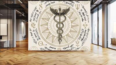 Vector banner with hand-drawn staff of Hermes. Caduceus with two snakes and wings on the background of an old illegible manuscript written in a circle. Medical symbol Wall mural