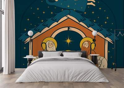 Vector illustration on the theme of Christmas and New Year in flat style. Holy Family and Christmas angel. Christmas Nativity scene. Adoration of the Magi Wall mural