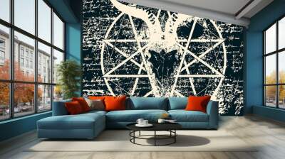 vector illustration with skull of goat and pentagram with splashes on the background of old papyrus with magical inscriptions and symbols Wall mural